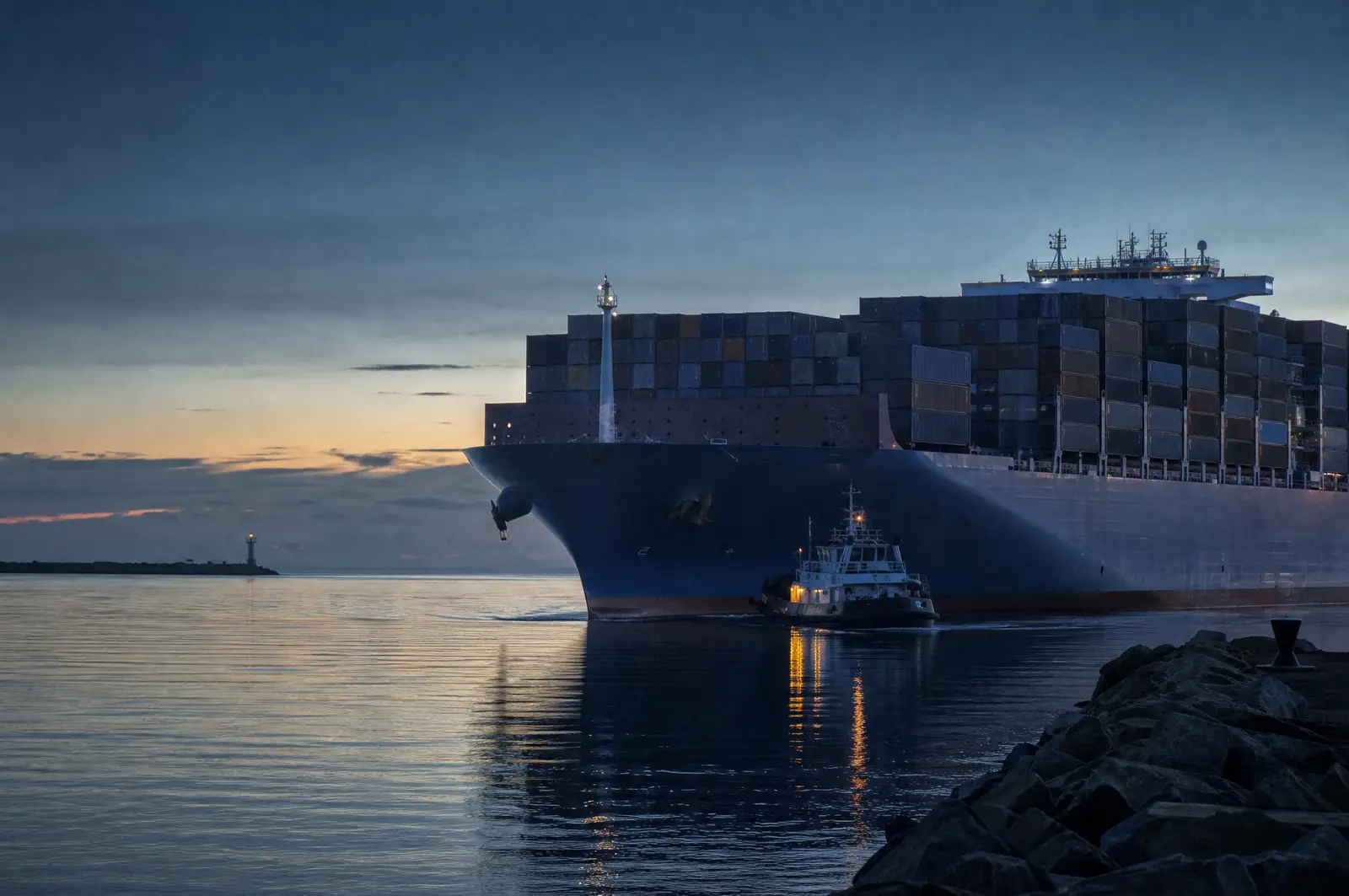 A loaded container ship leaving harbour at dawn