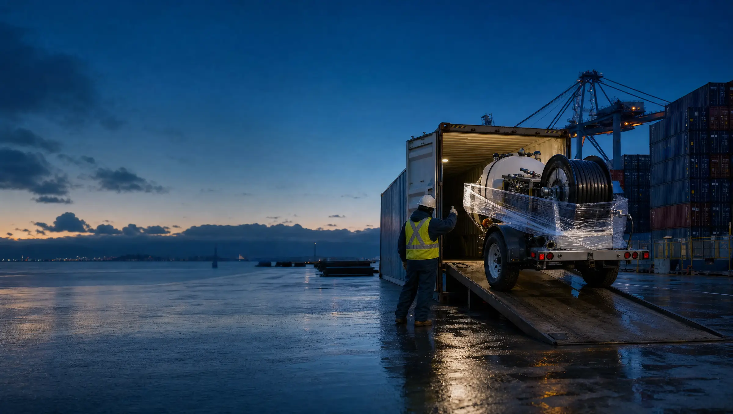 A shrink-wrapped trailer jetter being loaded into a shipping container at a port at dusk