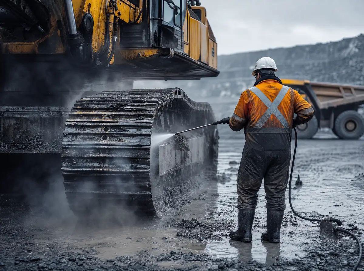 A worker pressure-washing the tracks of an excavator at a mine