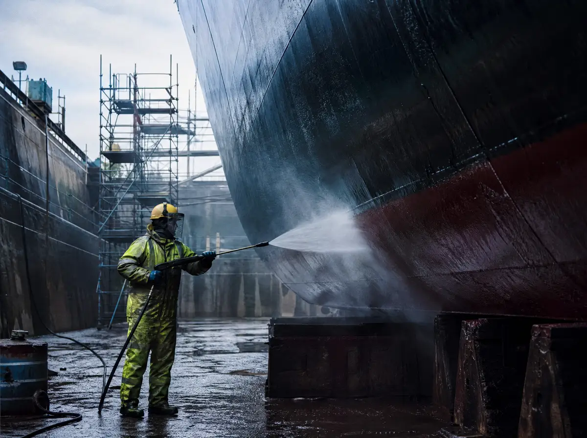 A worker cleaning a ship hull with a high-pressure lance in dry dock