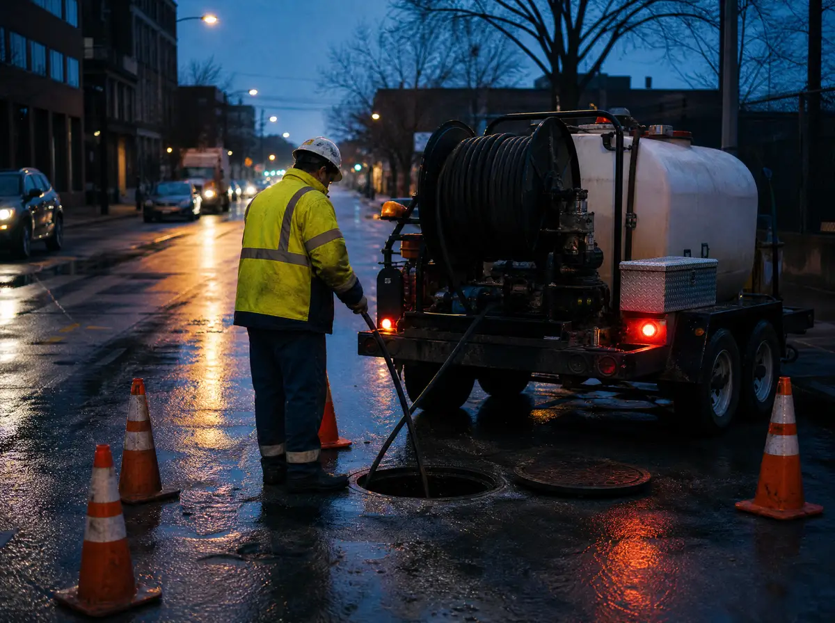A utility crew feeding a jetter hose into a manhole at dusk